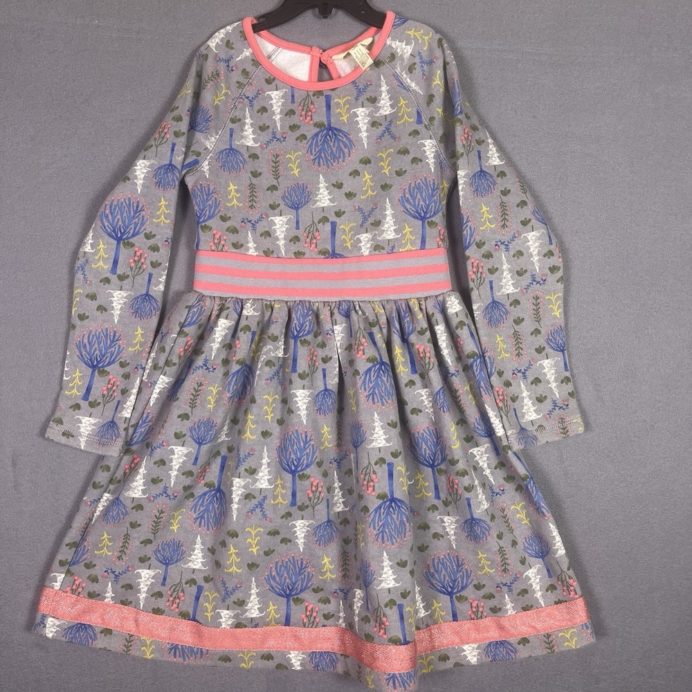 Matilda Jane Dress Forest Trees Gray Sweatshirt Fabric Striped Elastic Waist 6